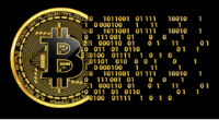 Bitcoin logo converting to blockchain code
