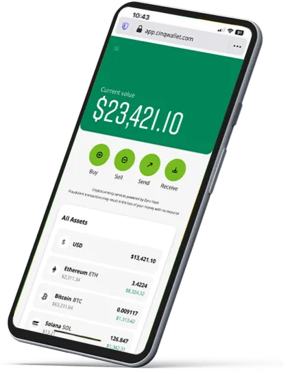 Cinq crypto wallet interface on a smartphone displaying a total balance of $23,421.10 with options to Buy, Sell, Send, and Receive, alongside balances for USD, Ethereum, Bitcoin, and Solana.
